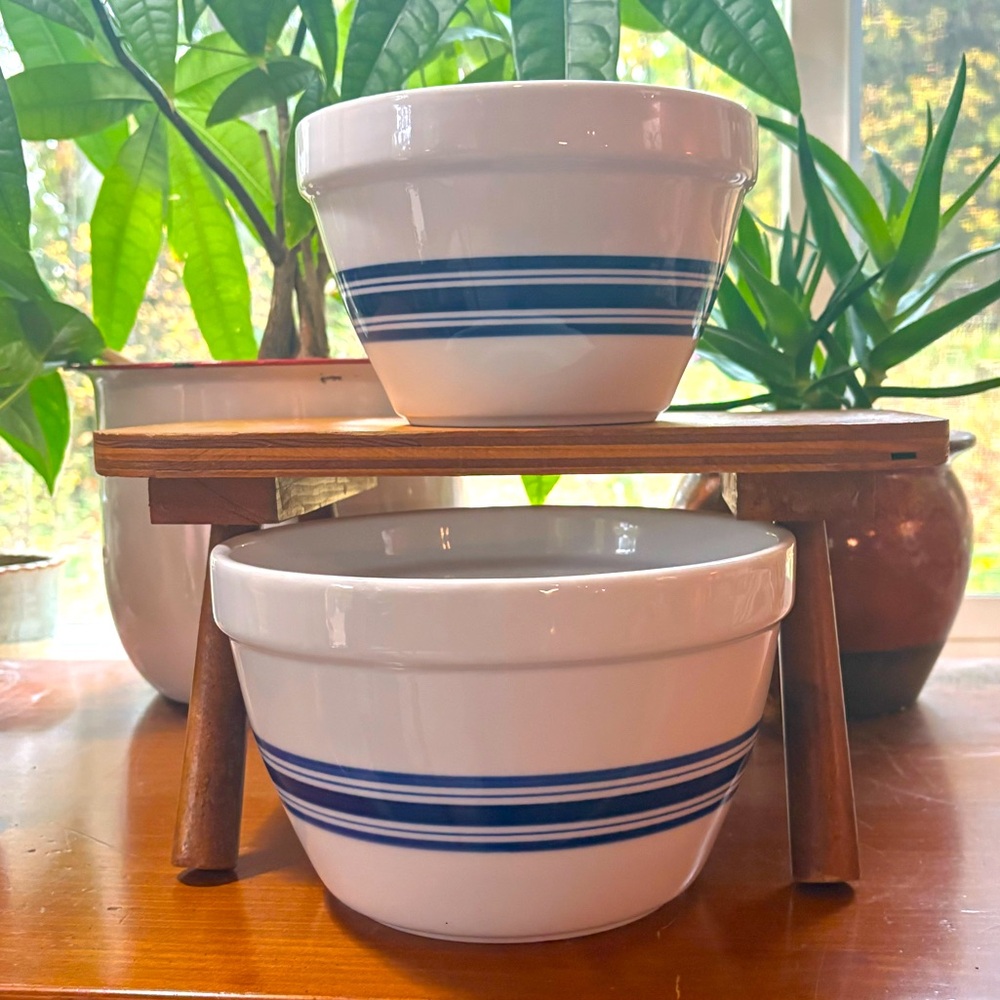 Two Crate and Barrel Heavy Ceramic Bowls White with Blue Stripes